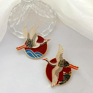 Vintage National Crane Glaze Brooch Pin Cheongsam Hanfu Accessory
