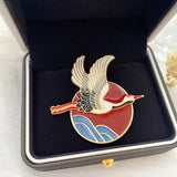 Vintage National Crane Glaze Brooch Pin Cheongsam Hanfu Accessory