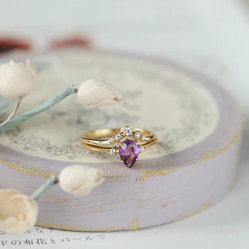Silver Inlaid Amethyst Oval Crown Ring