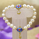 9-10mm Pearl Beads Strand Bracelet Gold Cloisonne Jewelry B3097
