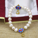 9-10mm Pearl Beads Strand Bracelet Gold Cloisonne Jewelry B3097