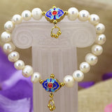 9-10mm Pearl Beads Strand Bracelet Gold Cloisonne Jewelry B3097