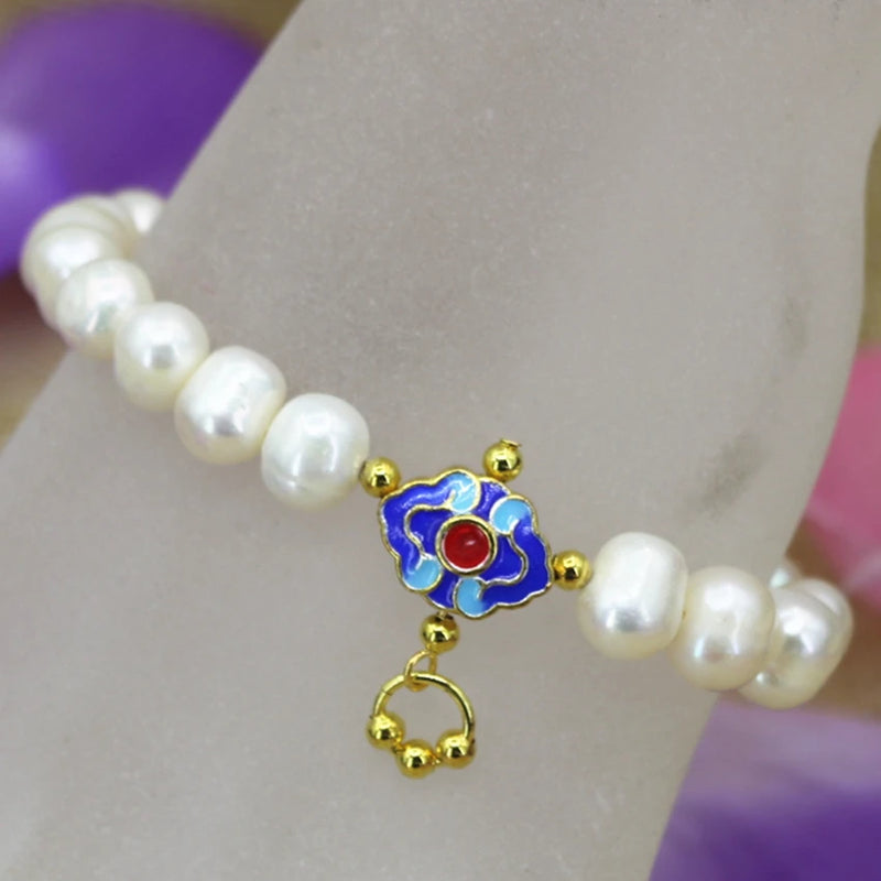 9-10mm Pearl Beads Strand Bracelet Gold Cloisonne Jewelry B3097