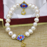 9-10mm Pearl Beads Strand Bracelet Gold Cloisonne Jewelry B3097