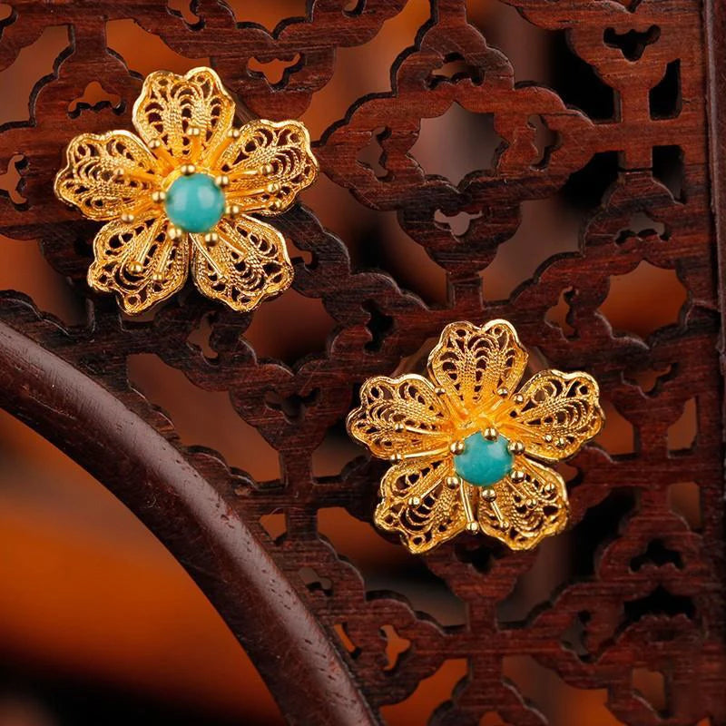 Chinese Retro Turquoise Earrings Unique Silver Jewelry
