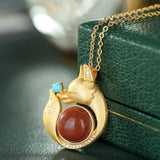 Fox Shape Crystal Pendant Necklace Enamel Porcelain Craft