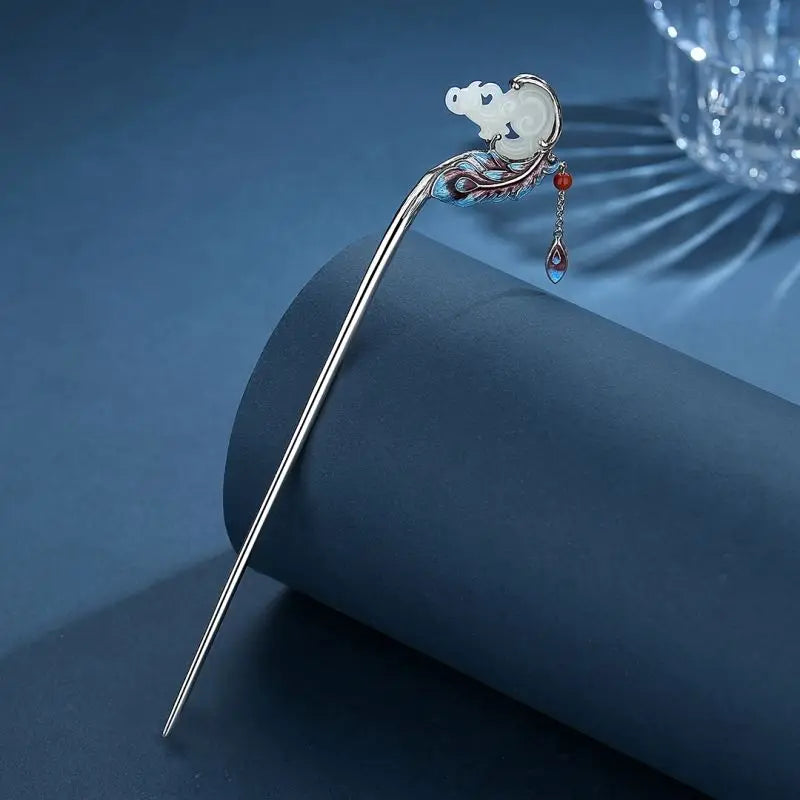 Cloisonne Hetian Magnolia Feather Hairpin Chinese Ethnic Ladies Silver