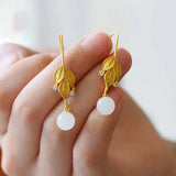 Natural Hetian Jade Leaf Earrings Retro Unique Craft Women Silver Jewelry