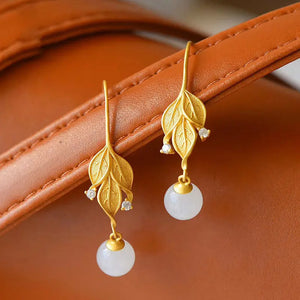 Natural Hetian Jade Leaf Earrings Retro Unique Craft Women Silver Jewelry