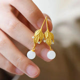 Natural Hetian Jade Leaf Earrings Retro Unique Craft Women Silver Jewelry