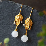 Natural Hetian Jade Leaf Earrings Retro Unique Craft Women Silver Jewelry