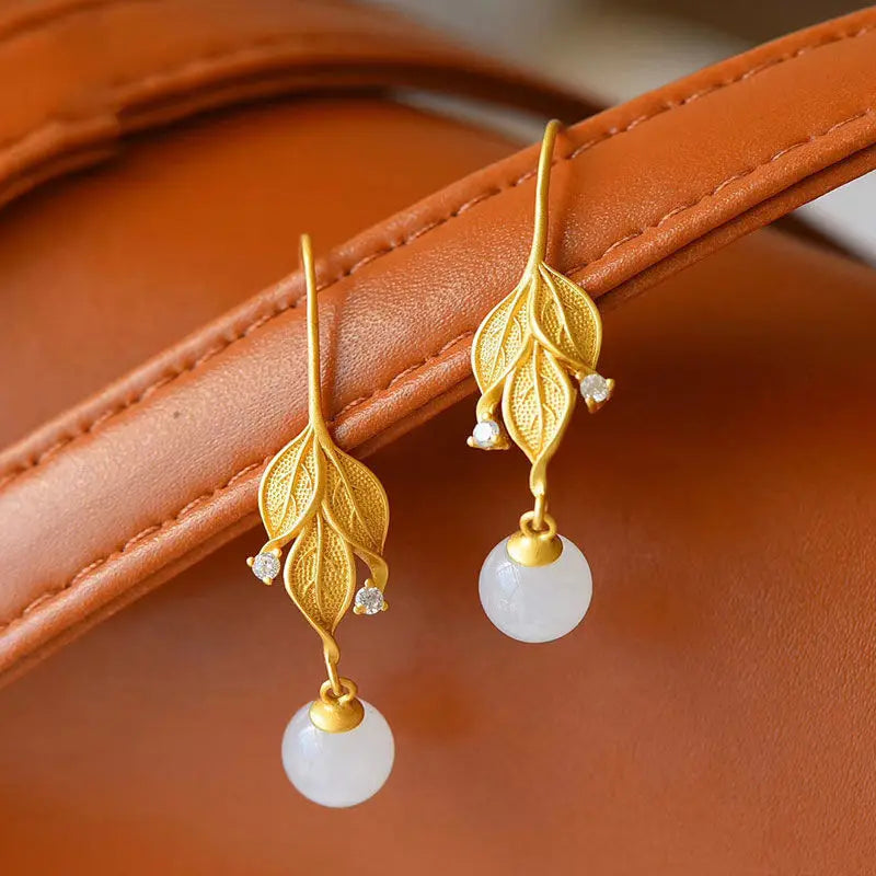 Natural Hetian Jade Leaf Earrings Retro Unique Craft Women Silver Jewelry