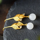 Natural Hetian Jade Leaf Earrings Retro Unique Craft Women Silver Jewelry