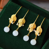 Natural Hetian Jade Leaf Earrings Retro Unique Craft Women Silver Jewelry