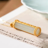 Natural Hetian Jade Column Pendant Necklace Unique Craft Charm Silver Jewelry
