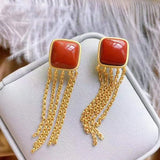 South Red Chalcedony Geometric Tassel Earrings Chinese Antique Silver Jewelry