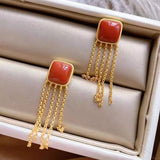 South Red Chalcedony Geometric Tassel Earrings Chinese Antique Silver Jewelry