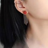 South Red Chalcedony Geometric Tassel Earrings Chinese Antique Silver Jewelry