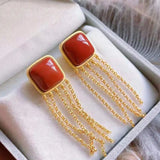 South Red Chalcedony Geometric Tassel Earrings Chinese Antique Silver Jewelry