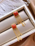 South Red Chalcedony Geometric Tassel Earrings Chinese Antique Silver Jewelry
