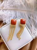 South Red Chalcedony Geometric Tassel Earrings Chinese Antique Silver Jewelry
