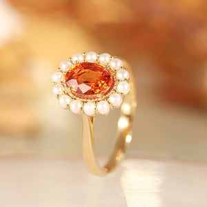 S925 Silver Orange Ruby Oval Ladies Ring Open Pearl Light Sweet Wedding Jewelry