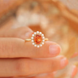 S925 Silver Orange Ruby Oval Ladies Ring Open Pearl Light Sweet Wedding Jewelry