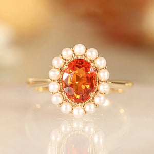 S925 Silver Orange Ruby Oval Ladies Ring Open Pearl Light Sweet Wedding Jewelry