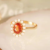 S925 Silver Orange Ruby Oval Ladies Ring Open Pearl Light Sweet Wedding Jewelry