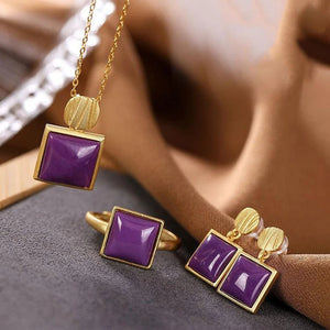 Enamel Porcelain Purple Earrings Ring Necklace Set