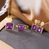 Enamel Porcelain Purple Earrings Ring Necklace Set