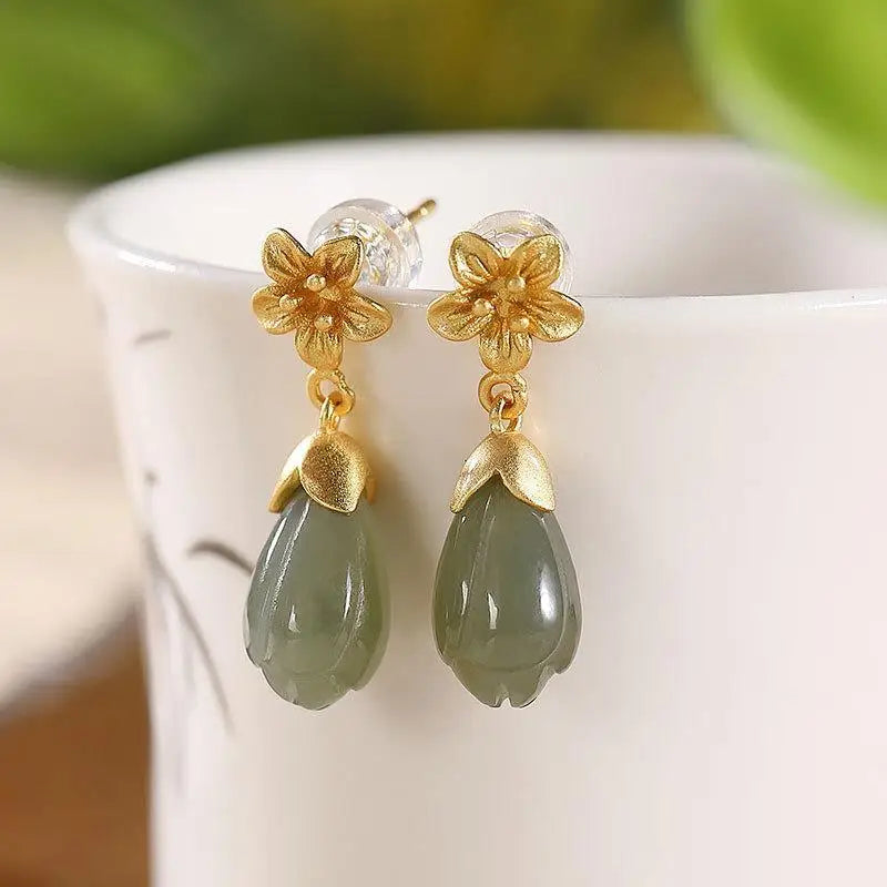 Orchid Hetian Jade Earrings Chinese Silver Jewelry