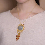 Ancient Craftsmanship Inlaid Round Hetian Jade Tassel Pendant Necklace