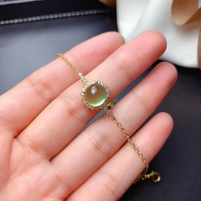 Diamond-Studded Prehnite Egg Round Bracelet Charm