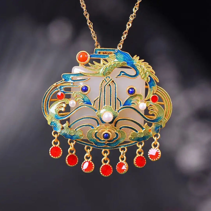 Enamel Porcelain Inlaid Hetian Jade Drum Face Necklace