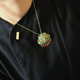 Square Drum Face Necklace with Hetian Jade Inlay