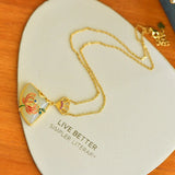 Enamel Butterfly Flower Necklace with Natural Hotan Jade Pendant