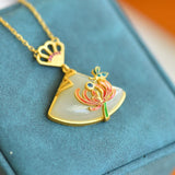 Enamel Butterfly Flower Necklace with Natural Hotan Jade Pendant