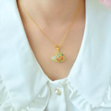 Enamel Butterfly Flower Necklace with Hotan Jade Pendant