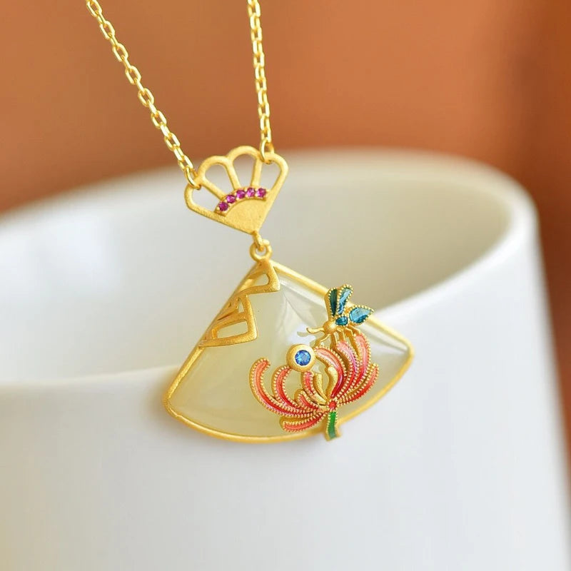 Enamel Butterfly Flower Necklace with Jade Pendant