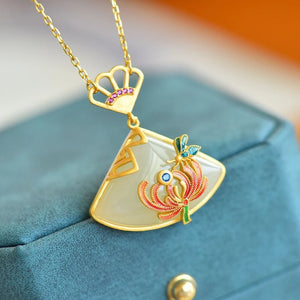 Enamel Butterfly Flower Necklace with Jade Pendant