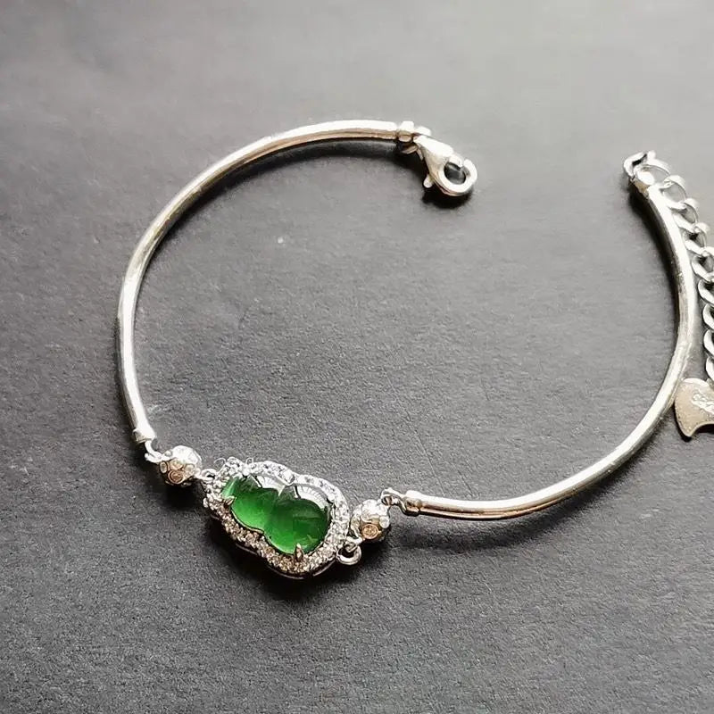 Inlaid Chalcedony Diamond Gourd Bracelet Charm, Retro Silver Jewelry
