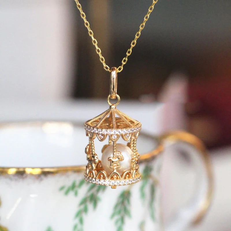 Silver Merry-Go-Round Pendant Necklace with Diamond and Pearl
