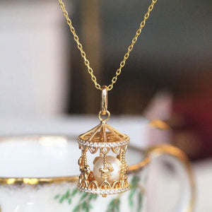 Romantic Silver Merry-Go-Round Pendant Necklace with Diamond Pearl
