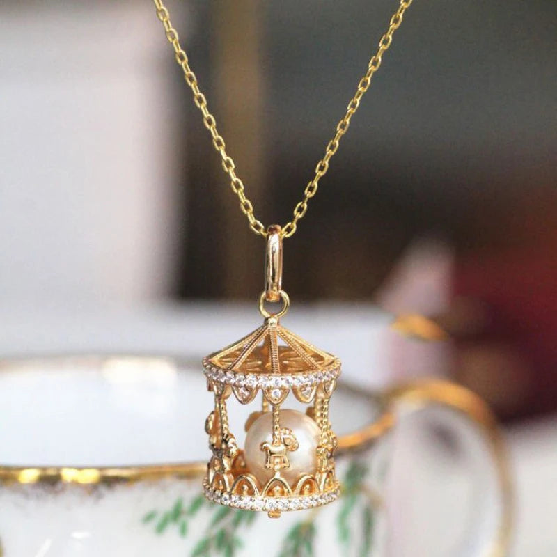 Romantic Silver Merry-Go-Round Pendant Necklace with Diamond Pearl