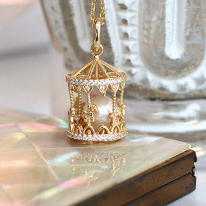 Romantic Silver Merry-Go-Round Pendant Necklace with Diamond Pearl