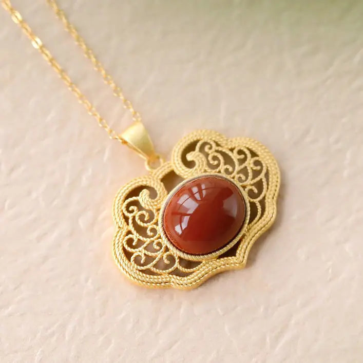 Vintage Chinese Porcelain Chalcedony Necklace Pendant Silver Jewelry