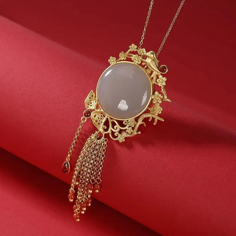 Hetian Jade Tassel Pendant Necklace, Ancient Craftsmanship Inlaid, Jewelry
