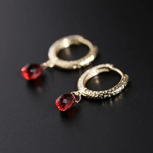 Red Water Drop Garnet Earrings and Charm Retro Female Silver Jewelry