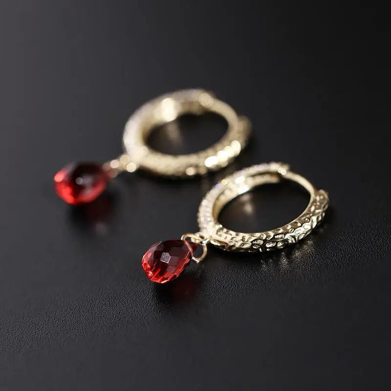 Red Water Drop Garnet Earrings and Charm Retro Female Silver Jewelry